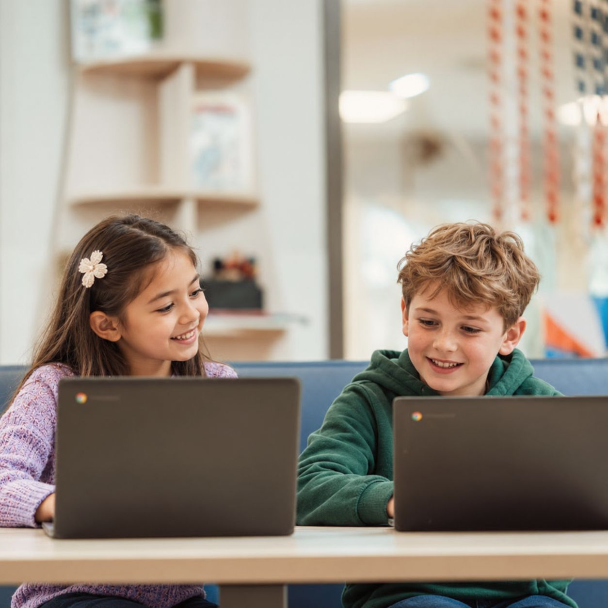 Twee leerlingen werken naast elkaar op een Chromebook aan een tafel in een lichte klas