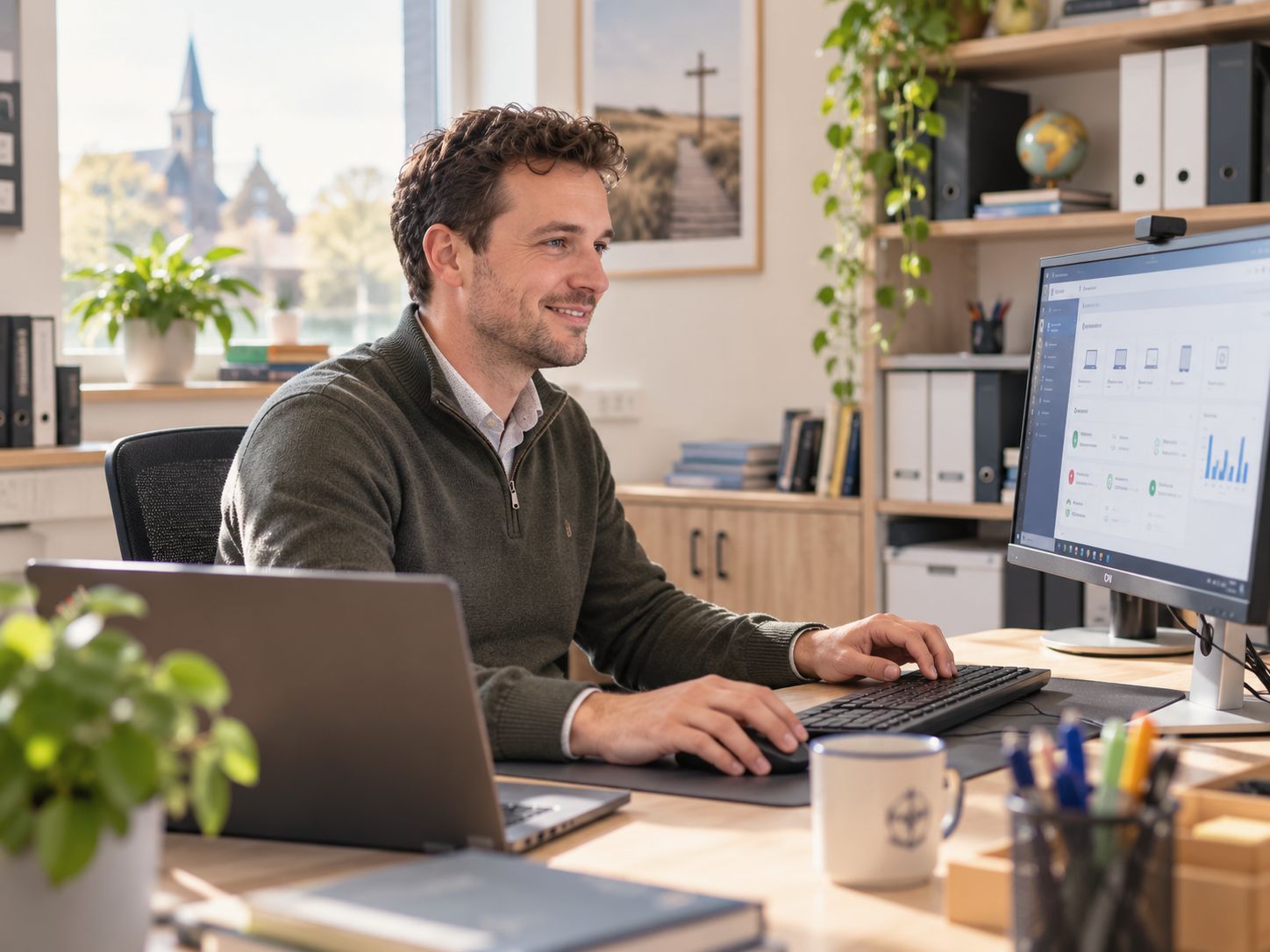 Een ICT-coördinator werkt aan een laptop, met naast zich een beeldscherm met grafieken
