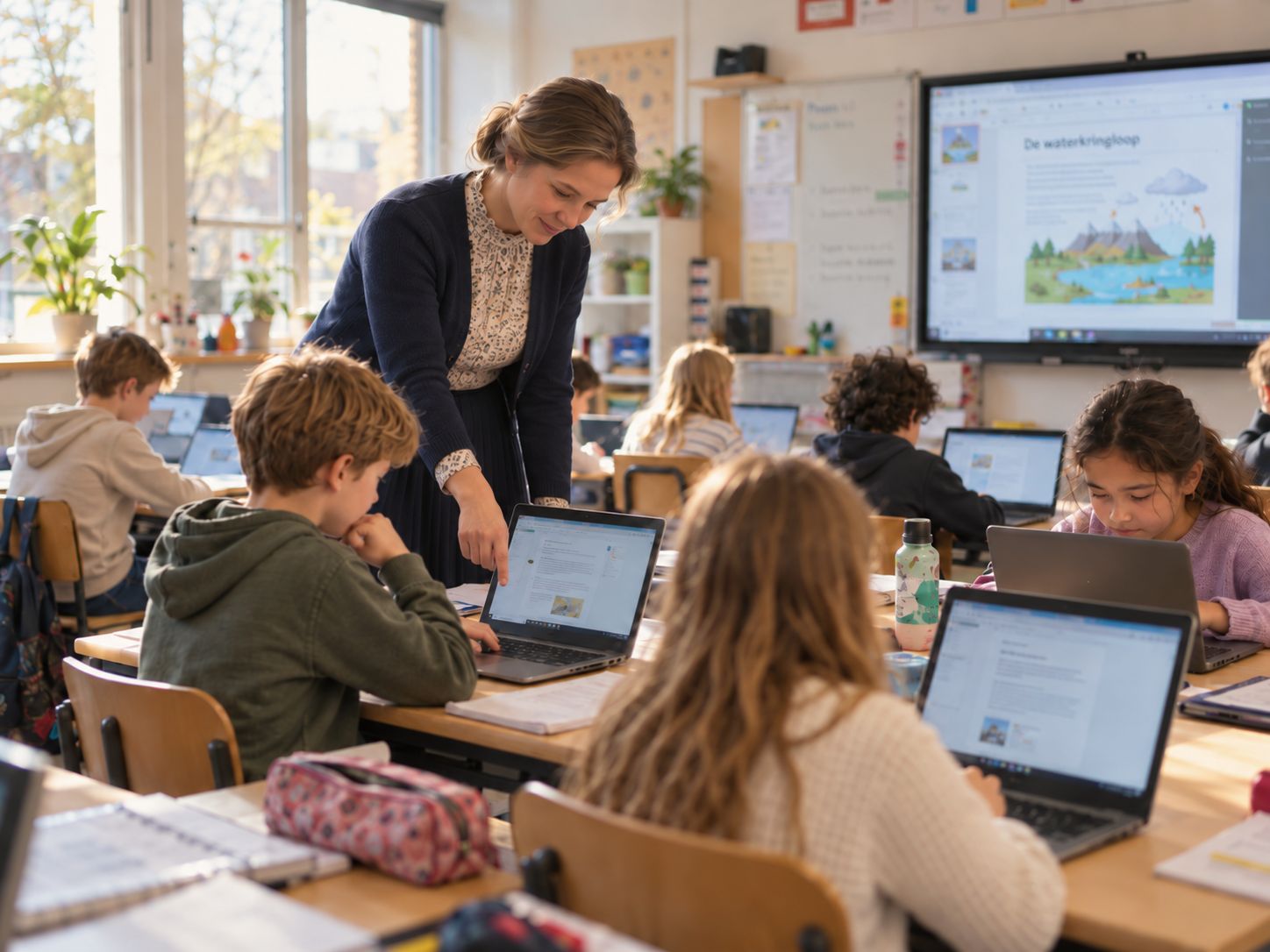 Een leerkracht kijkt mee bij een leerling aan een laptop; op de achtergrond een digibord en klasgenoten die op laptops werken