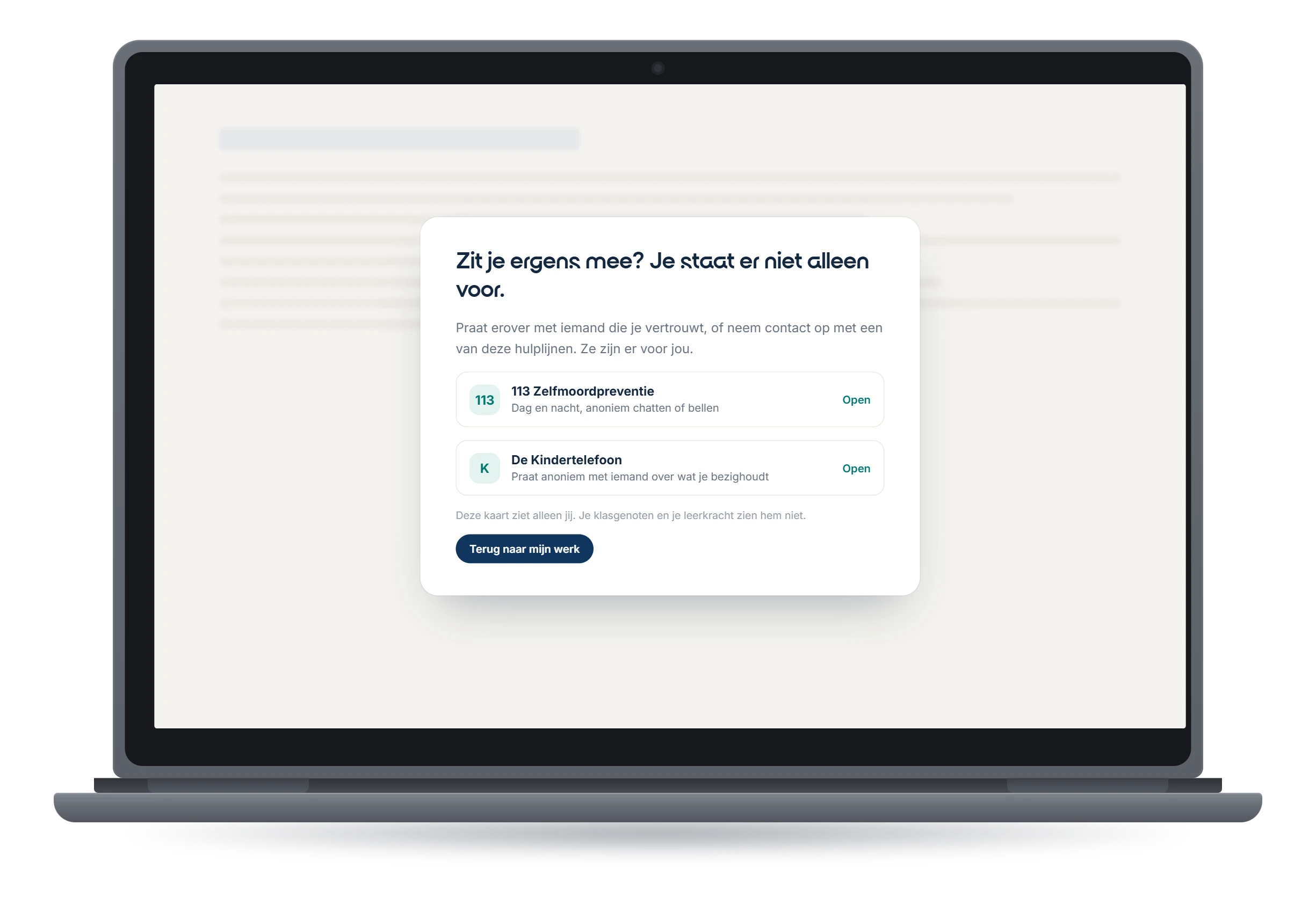 Productschets op een Chromebook: een rustige kaart voor de leerling met hulplijnen, die alleen de leerling zelf ziet (voorbeeldgegevens)